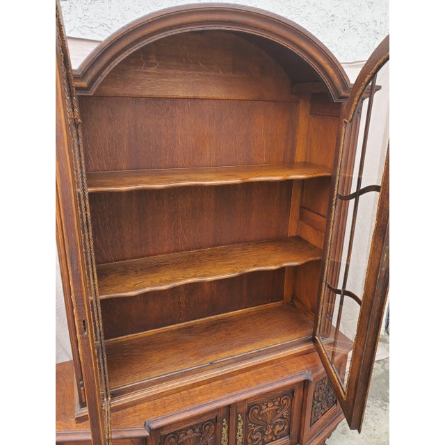 Vintage 1930s Carved Oak Spanish Revival Display China Cabinet For Sale - Image 10 of 12
