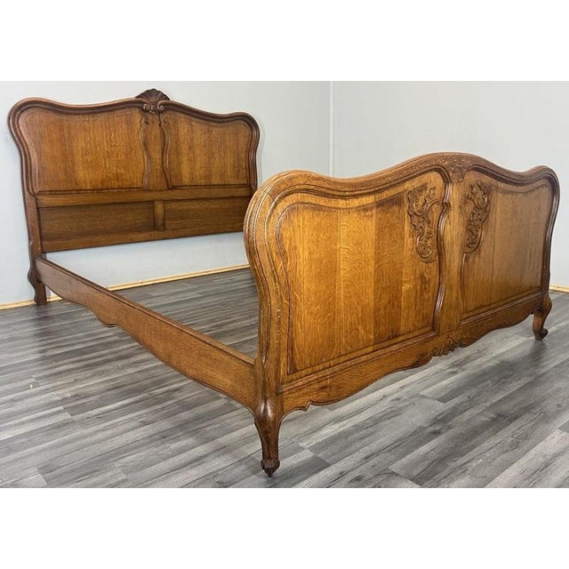 Vintage French Louis XVI Style Oak Double Bed Frame with Carved Headboard For Sale - Image 9 of 12
