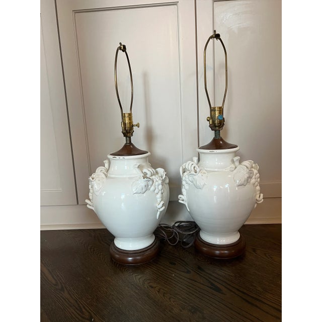 Shabby Chic Pair Vintage French Ceramic Cream Glazed Vine Grape Theme Lamps For Sale - Image 3 of 13