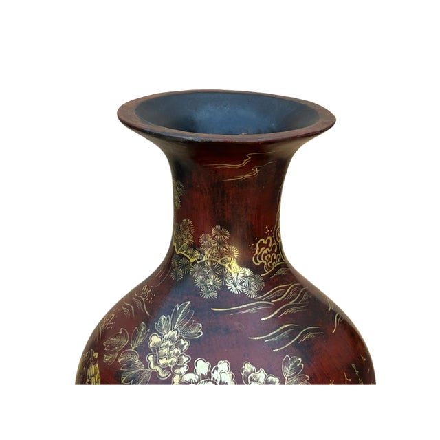 Chinese Brown Lacquer Golden Scenery Decorative Wood Vase Art For Sale - Image 12 of 16