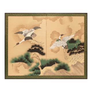 Large 1950s Japanese or Chinoiserie Style Painted Silk Screen For Sale