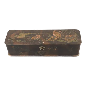 Late 19th Century Antique Victorian French Paper Mache Painted Lacquered Floral Poppies Bird Quel Glove Trinket Box