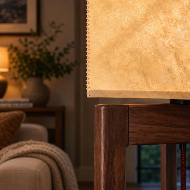 Handmade Black Walnut Floor Lamp With Natural Rawhide Shade — Mid-Century Modern Standing Lamp For Sale - Image 4 of 8