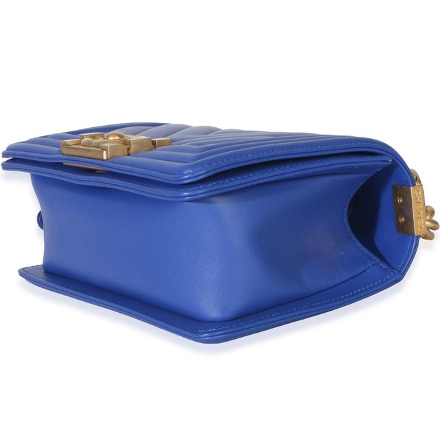 Animal Skin Blue Lambskin Chevron Quilted Small Boy Bag For Sale - Image 7 of 9