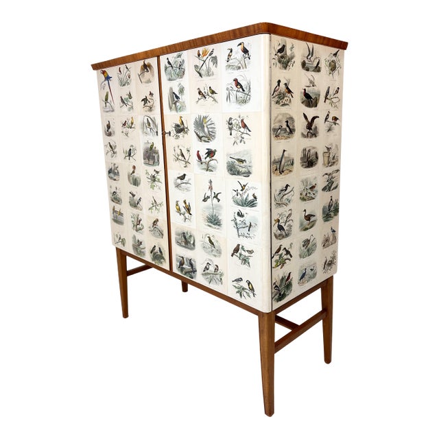 1950's Swedish Cabinet With Bird Illustrations by Édouard Traviés For Sale