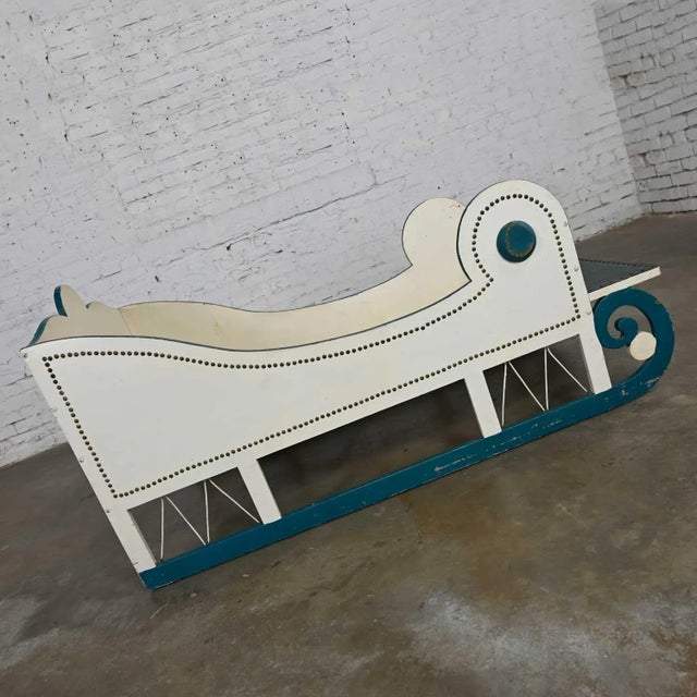 Wood Vintage Sleigh-Style Child, Doll or Dog Bed White With Blue Trim & Nail Head Design For Sale - Image 7 of 13