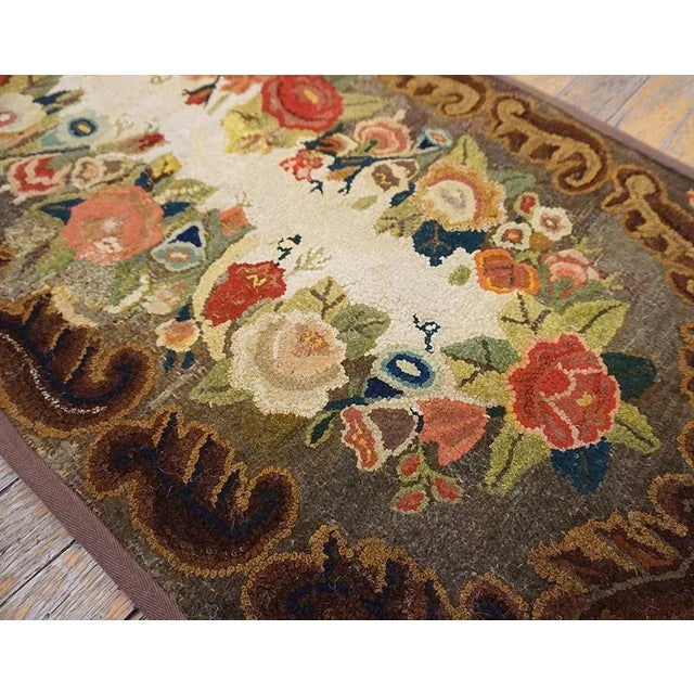 Textile 1890s Brown Roses Folk Art Antique American Hooked Rug 1'8" X 3'4" Knotted Wool Carpet For Sale - Image 7 of 10