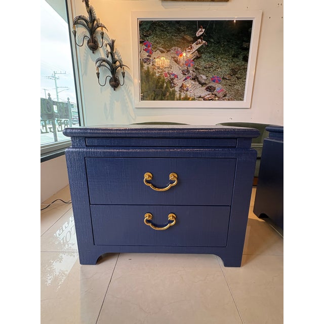 Vintage Pair Harrison Van Horn Grasscloth Navy Blue Pagoda Night Stands Chests For Sale - Image 10 of 11