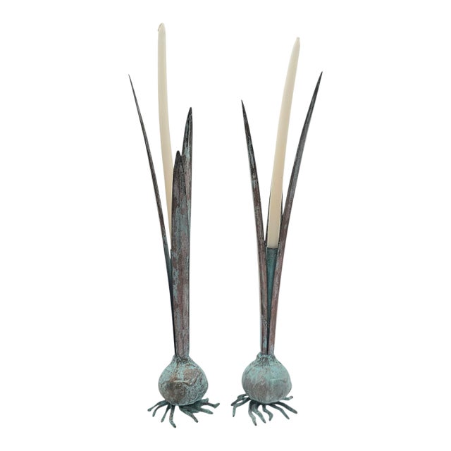 Vintage Verdigris Cattail Candleholders, Copper Bronze Metal, Pair, 13" For Sale