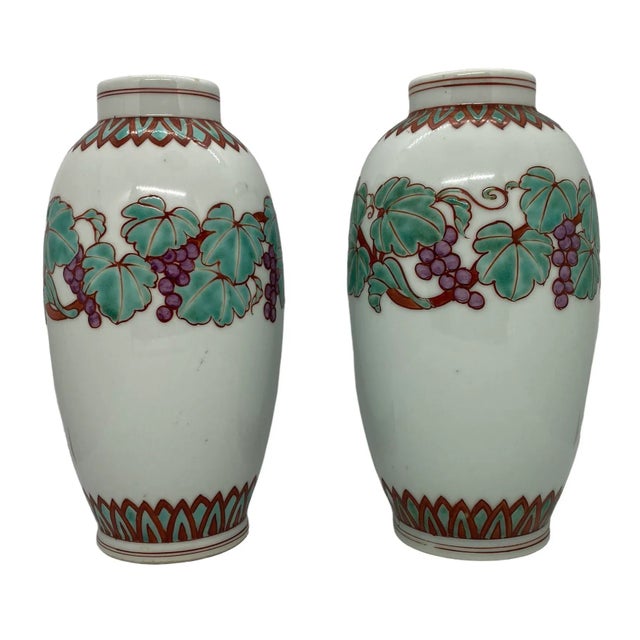 Mid 20th Century Japanese Kutani Celadon Shaped Porcelain Vases With Grapevine Design - a Pair For Sale - Image 13 of 13