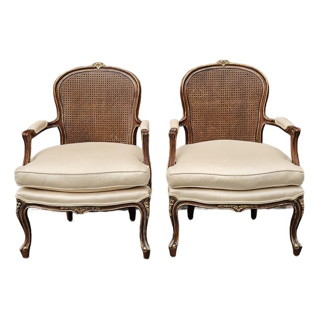 Late 20th Century Pair Century Furniture Lpuis XV Style Walnut Cane Back and Upholstered Fauteuils For Sale