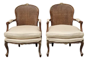 Late 20th Century Pair Century Furniture Lpuis XV Style Walnut Cane Back and Upholstered Fauteuils