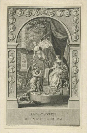 Folkema, Allegorical Frontispiece of Freedom and Rights of Haarlem, Netherlands, 1751