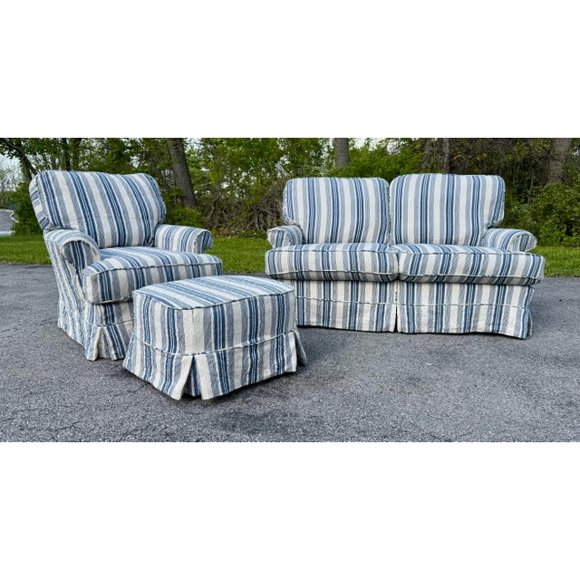 Country Coastal Cottage Style Slipcovered Loveseat, Chair and Ottoman Set by Lillian August Couture / Lee Industries For Sale - Image 11 of 12