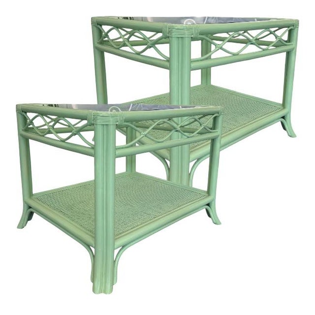 Vintage Coastal Rattan & Glass Side Tables For Sale - Image 4 of 8