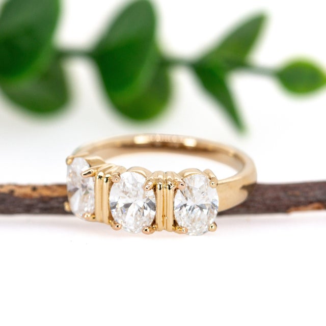Three Lab-Created Diamond Ring in Solid 14k Yellow Gold | Oval Shape 7x5mm, Size 6.75 For Sale - Image 4 of 7