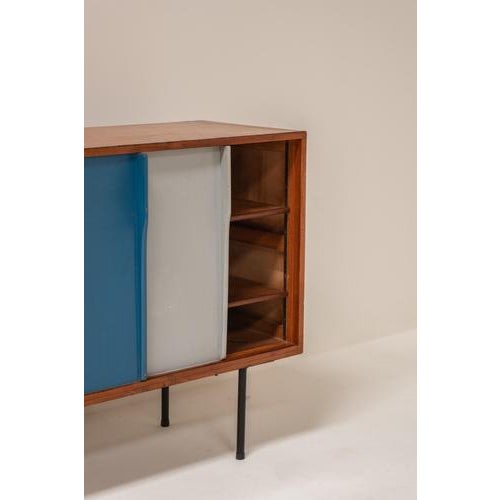 Blue Mid-Century Modern French Cabinet with Sliding Panels by Guillerme et Chambron, 1950s For Sale - Image 8 of 16