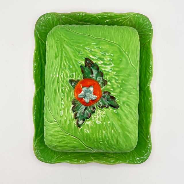 English Majolica Cabbage Butter or Cheese Dish With Tomato Finial, Circa 1920s For Sale - Image 10 of 10