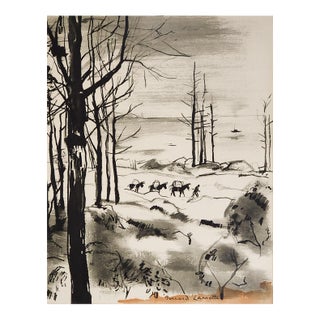 Early 20th Century Mule Pack Train in Winter Watercolor Painting For Sale