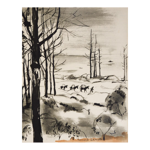 Early 20th Century Mule Pack Train in Winter Watercolor Painting