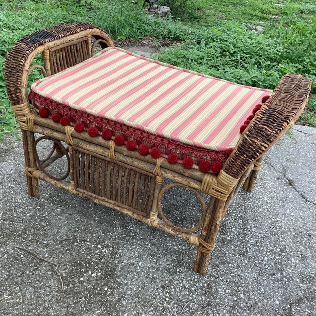 Vintage MCM rattan ottoman, Burnt finish. Includes cushion.