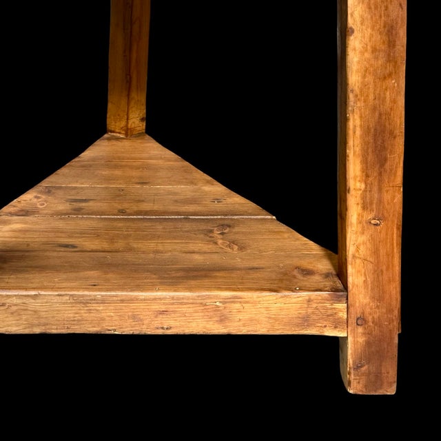 Early 20th Century Antique English Pine Cricket Table With Tri-Leg Base and Stretcher Shelf For Sale - Image 5 of 6