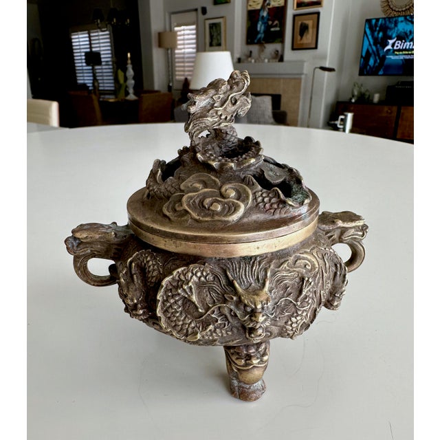Brass Antique Chinese Ming-Style Brass Dragon Incense Burner Sculpture For Sale - Image 8 of 17
