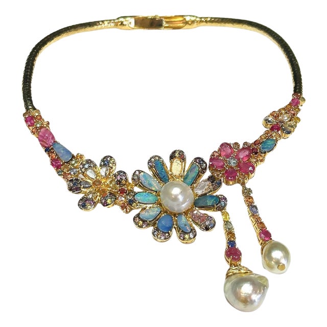 Bochic "Orient" Opal, Multi Sapphires & Rubies Necklace Set In 18K Gold & Silver For Sale