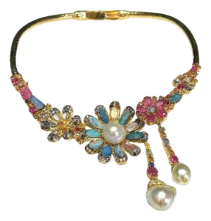Bochic "Orient" Opal, Multi Sapphires & Rubies Necklace Set In 18K Gold & Silver