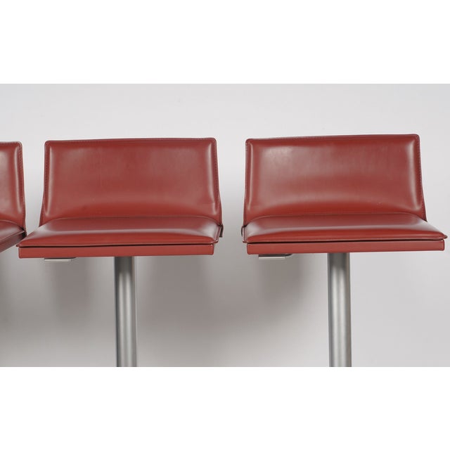 Set of Four Frag Bottega Italian Red Leather Adjustable Swivel Bar Stools For Sale - Image 4 of 10