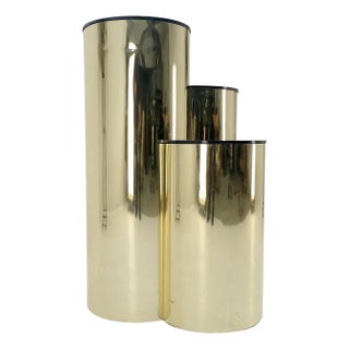 Triptych Round Cylinder Brass Finish Multi Level Pedestal Stand Table For Sale