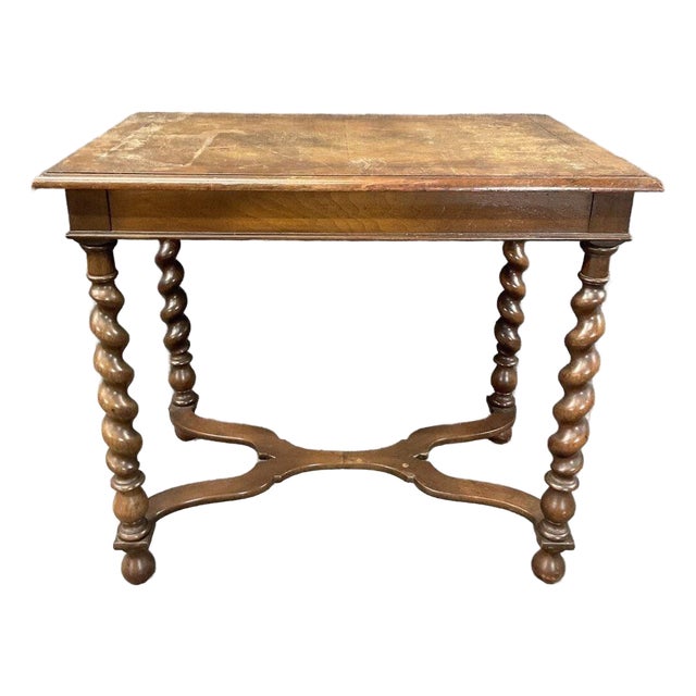 Antique English Barley Twist Side Table, Solid Oak Jacobean Revival Accent Table For Sale