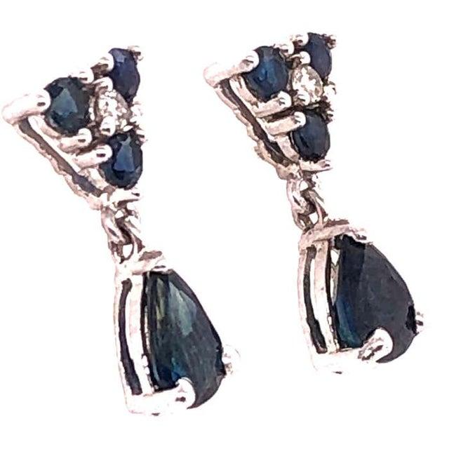 Modern 14 Karat White Gold and Blue Sapphire Drop Earrings 0.02 Total Diamond Weight, A Pair For Sale - Image 3 of 11