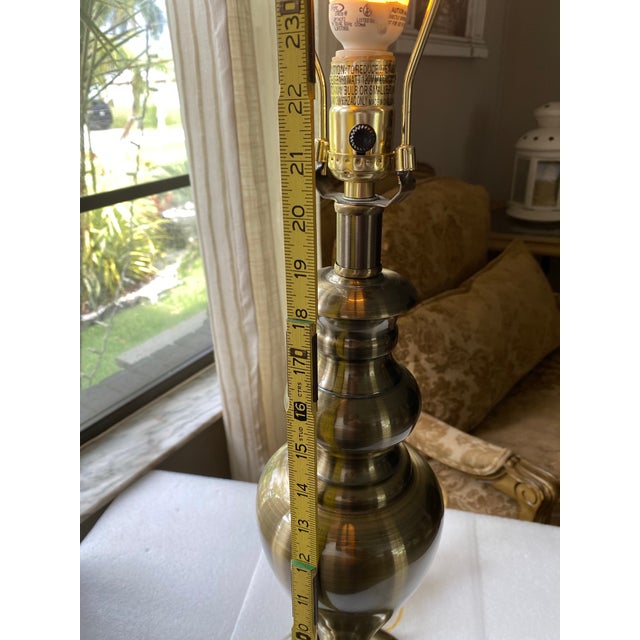 Vintage Brass Table Lamp With Green & Burgundy Damask Shade, Beaded Fringe, Ornate Traditional European Style, Decorative Accent Lighting For Sale - Image 12 of 12
