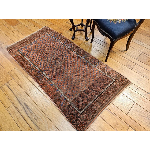 19th Century Turkmen Yomut Area Rug in Allover Geometric Pattern in Dark Red, Brown, French Blue For Sale In Chicago - Image 6 of 18