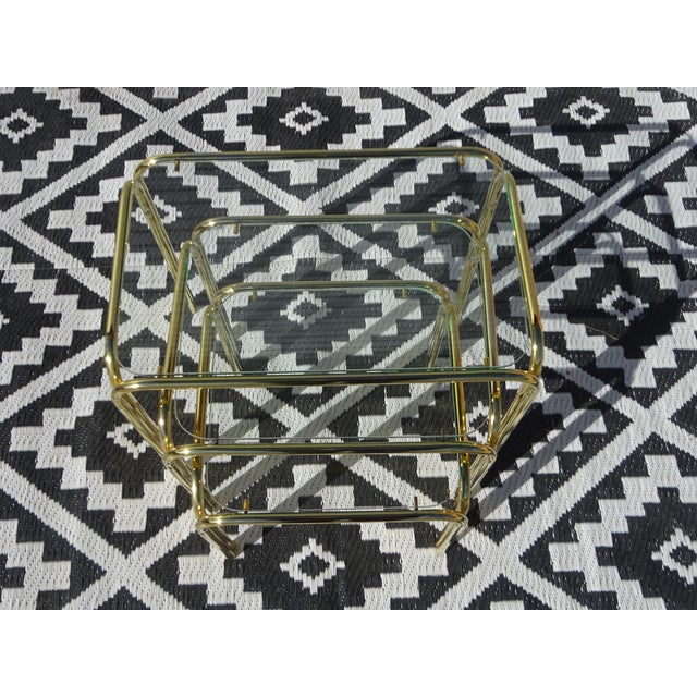 Nesting Tables in Gilt Metal and Tempered Glass, 1990s, Set of 3 For Sale - Image 4 of 16