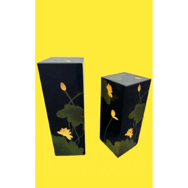 Vintage Asian Floral Lacquer Pedestals - a Pair For Sale In Miami - Image 6 of 12