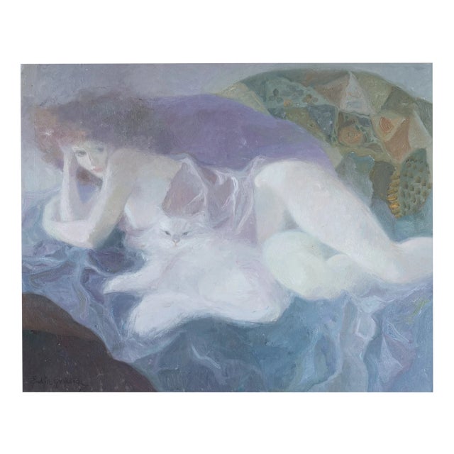 Emilia Castañeda Martínez, Female Figure with Cat, 1970s, Oil on Canvas For Sale