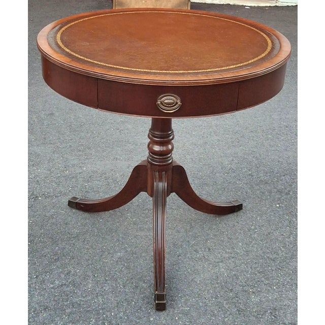 Georgian Style Mahogany and Tooled Leather and Stenciled Top Drum Table C. 1930s For Sale - Image 10 of 16