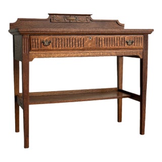Antique Quarter Sawn Oak Console Table With Carved Gallery Back For Sale