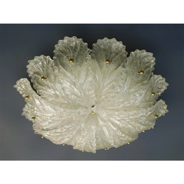 Vintage Italian Murano glass flush mount with clear graniglia glass leaves / Made in Italy in the style of Barovier e...