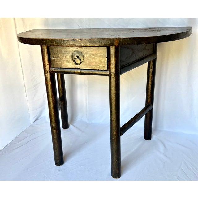 Rustic Antique Handcrafted Wood Demi-Lune Table For Sale - Image 3 of 11