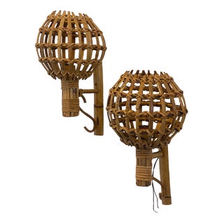 Rattan and Bamboo Wall Lamps, 1970s, Set of 2 For Sale