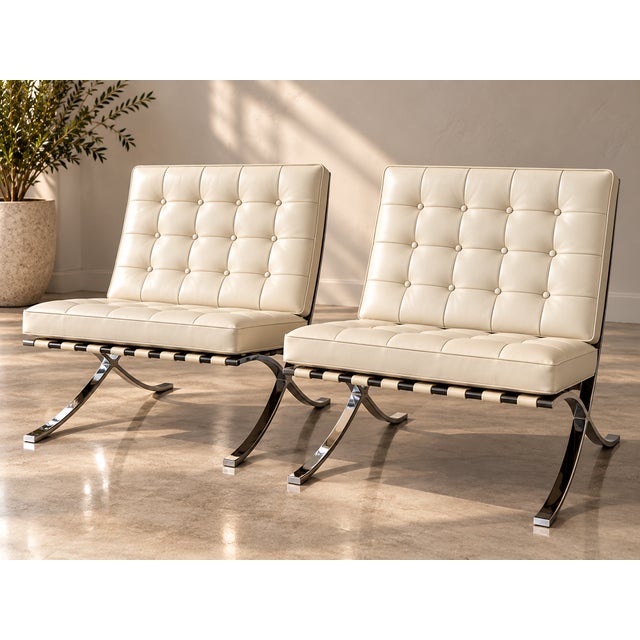 Mid-Century Modern Pair of 1980s Authentic Knoll Studio Barcelona Chairs, Mies Van Der Rohe Ivory Leather For Sale - Image 3 of 13