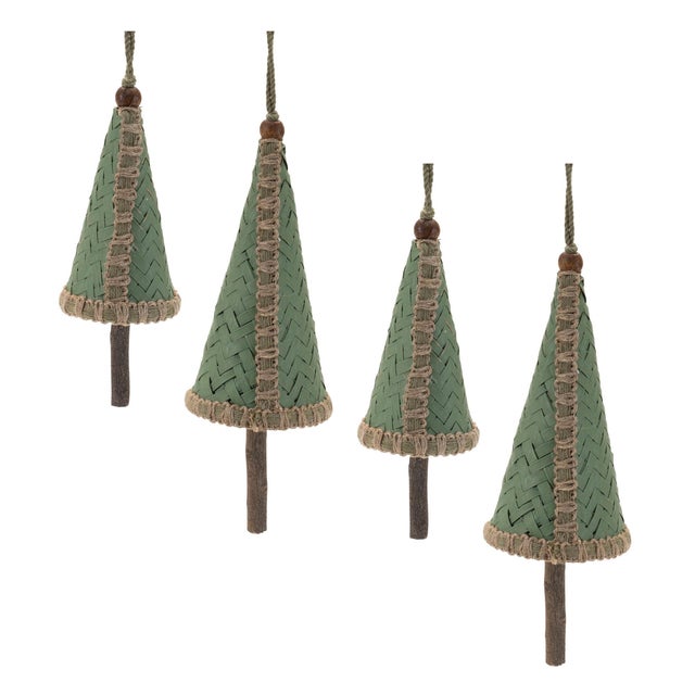 Green Woven Bamboo Pine Tree Ornament (Set of 4) For Sale - Image 8 of 8