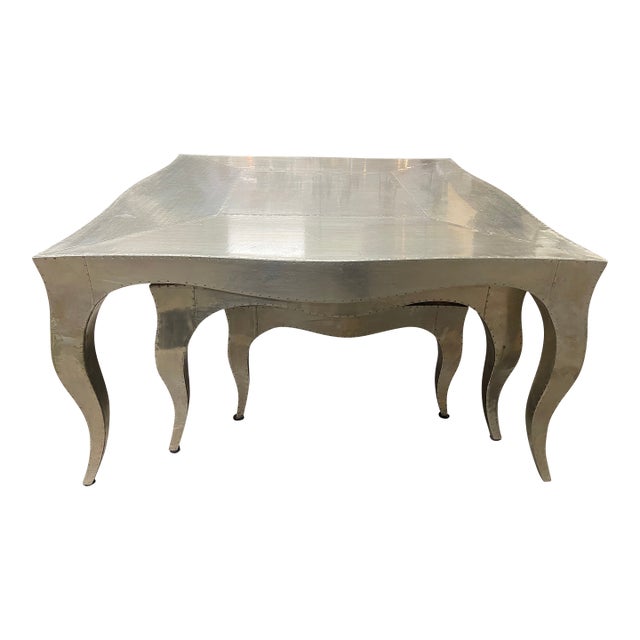 Louise Art Deco Industrial Style Metal-Clad Nesting Coffee Tables by Paul Mathieu—Set of Three For Sale