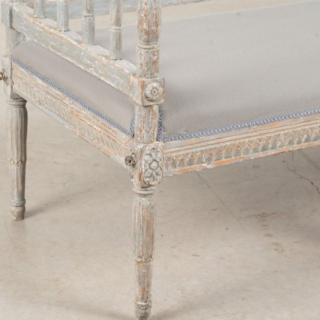 19th Century Swedish Gustavian Original Blue Gray Painted Pine Bench For Sale - Image 13 of 18