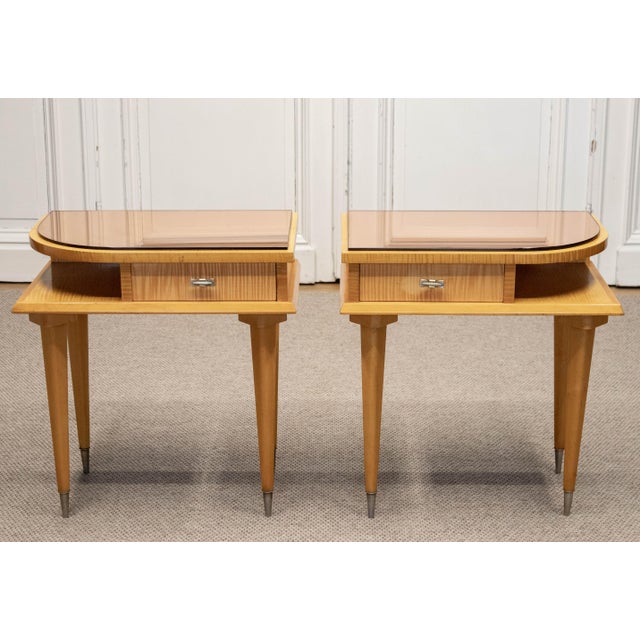 French Art Deco Nightstands with Brown Mirrored Glass Tops in Birch, 1940s, Set of 2 For Sale - Image 8 of 8