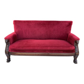 19th C. Antique Velvet Green Man Claw Foot Sofa For Sale