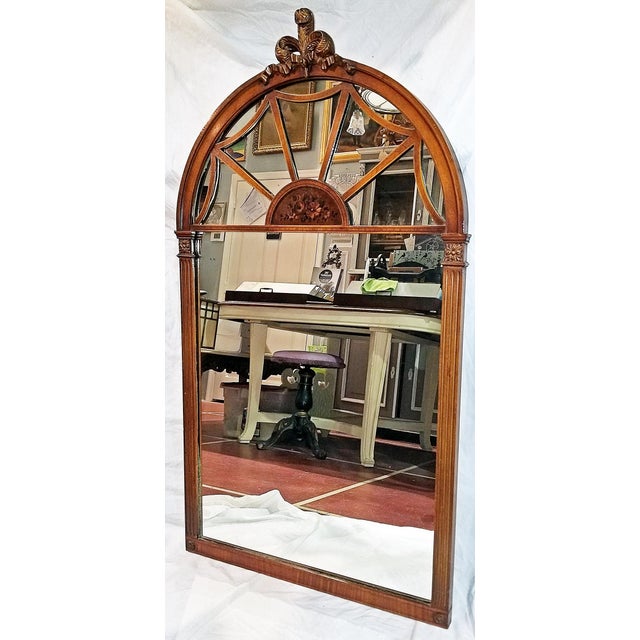 Handsome 1920s American Empire style mahogany mirror with overlaid lattice, handpainted floral decor over burled mahogany,...